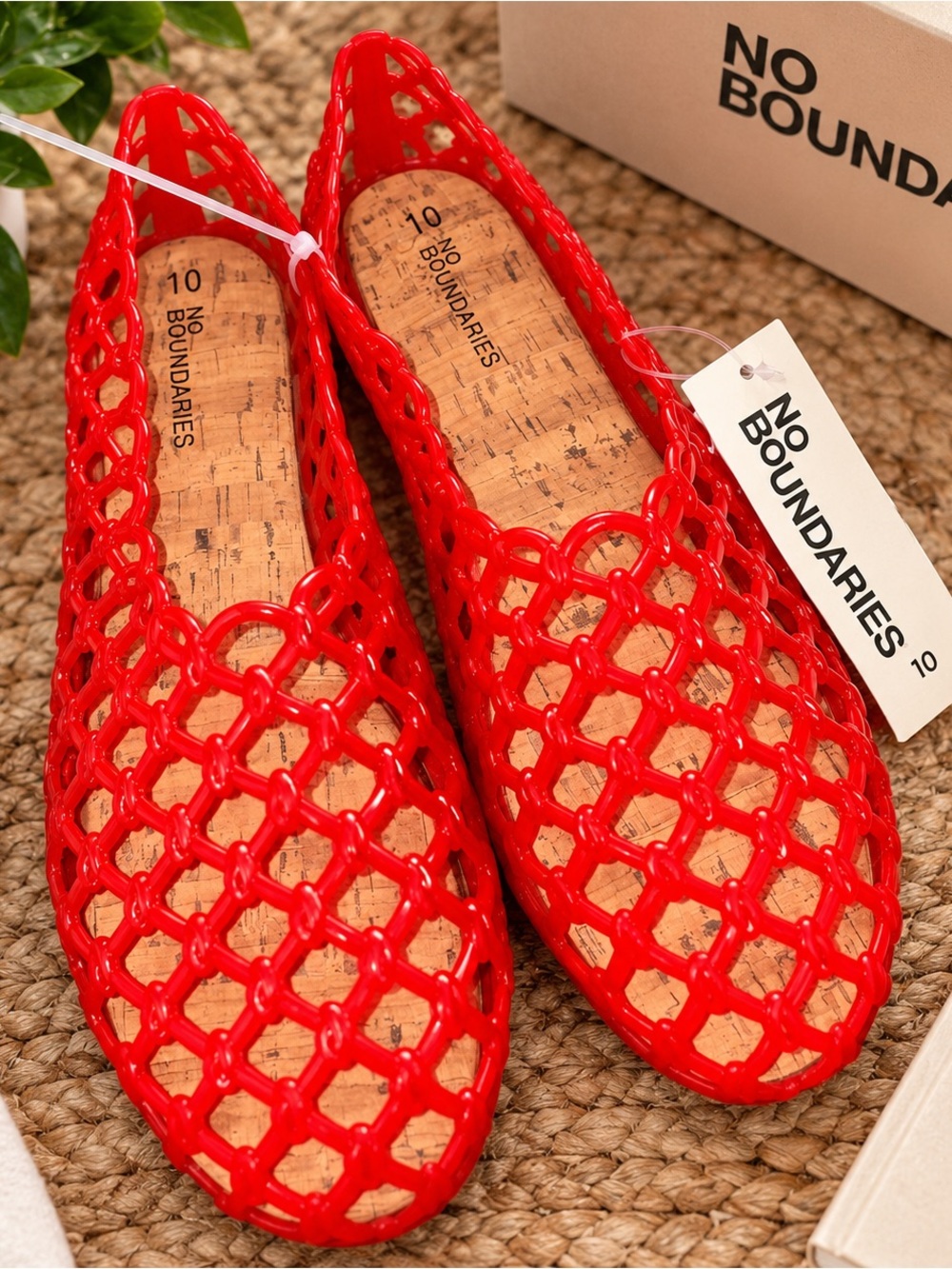 No Boundaries Women's Red Lattice Slip-On Flats with Cork Insole